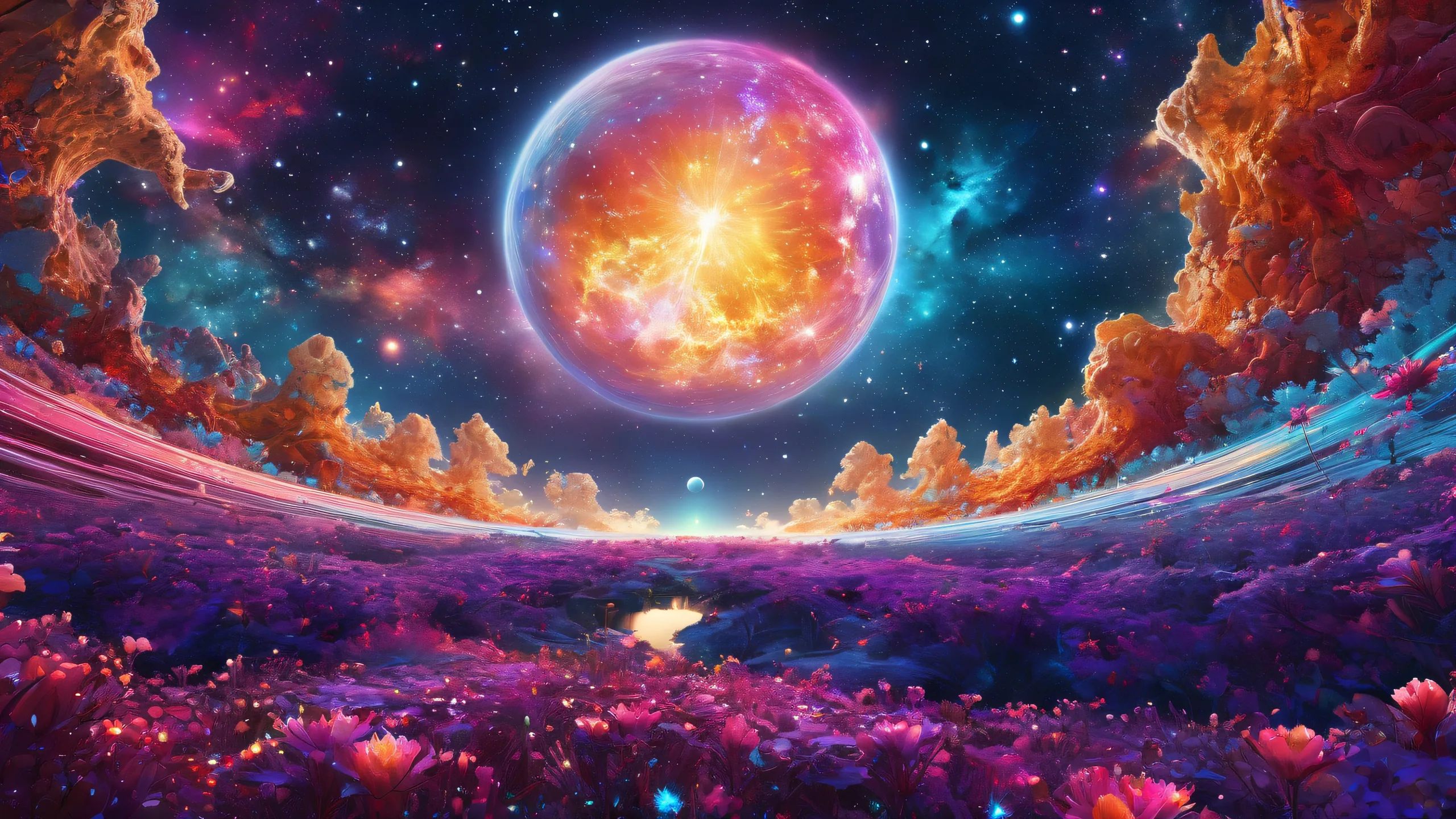 Ethereal beings in a pure void on desktop/pc with cosmic dust particles and radiant colors for screen readers.