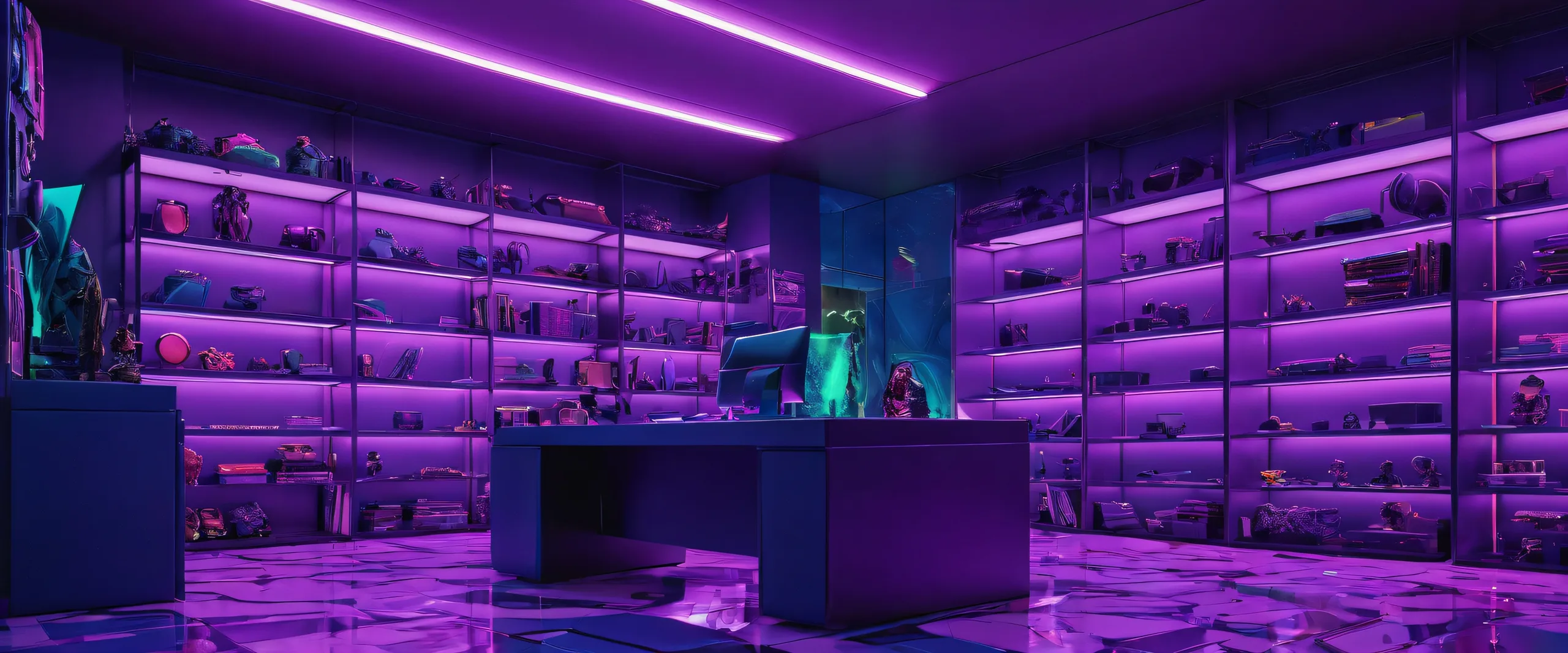 Doom Slayer standing indoors amidst shelves in a vast pure void with extreme depth of field for Desktop/PC users.