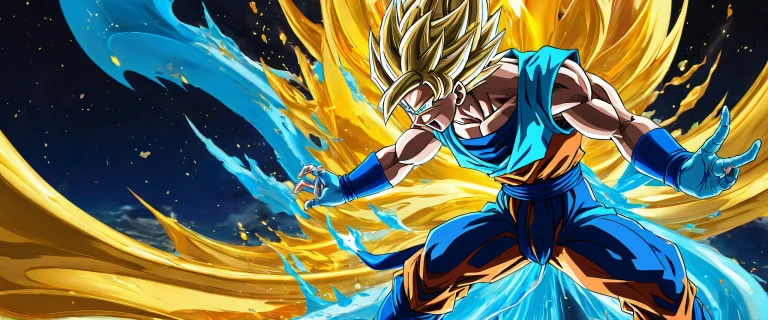 Desktop/PC wallpaper featuring a stunning Dragon Ball Energy scene with radiant colors and ray-traced reflections.