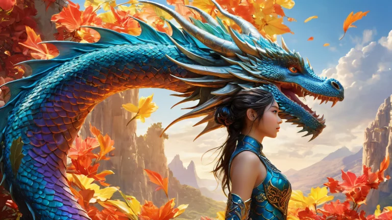 A majestic dragon girl stands out against a vast, pure void with deep depth of field, perfect for desktop/pc backgrounds.