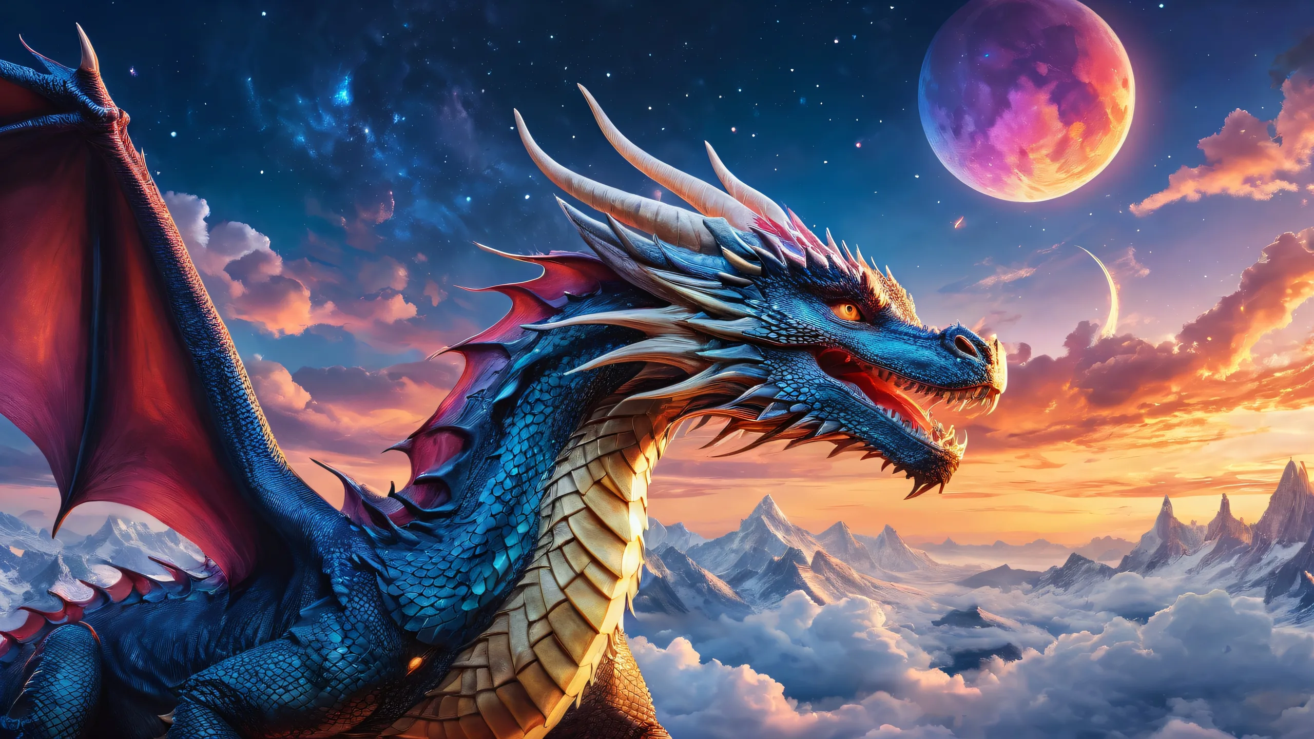 A stunning desktop wallpaper of a dragon set against a vast, pure void filled with clouds and stars, perfectly lit by ethereal lighting for your PC or laptop.