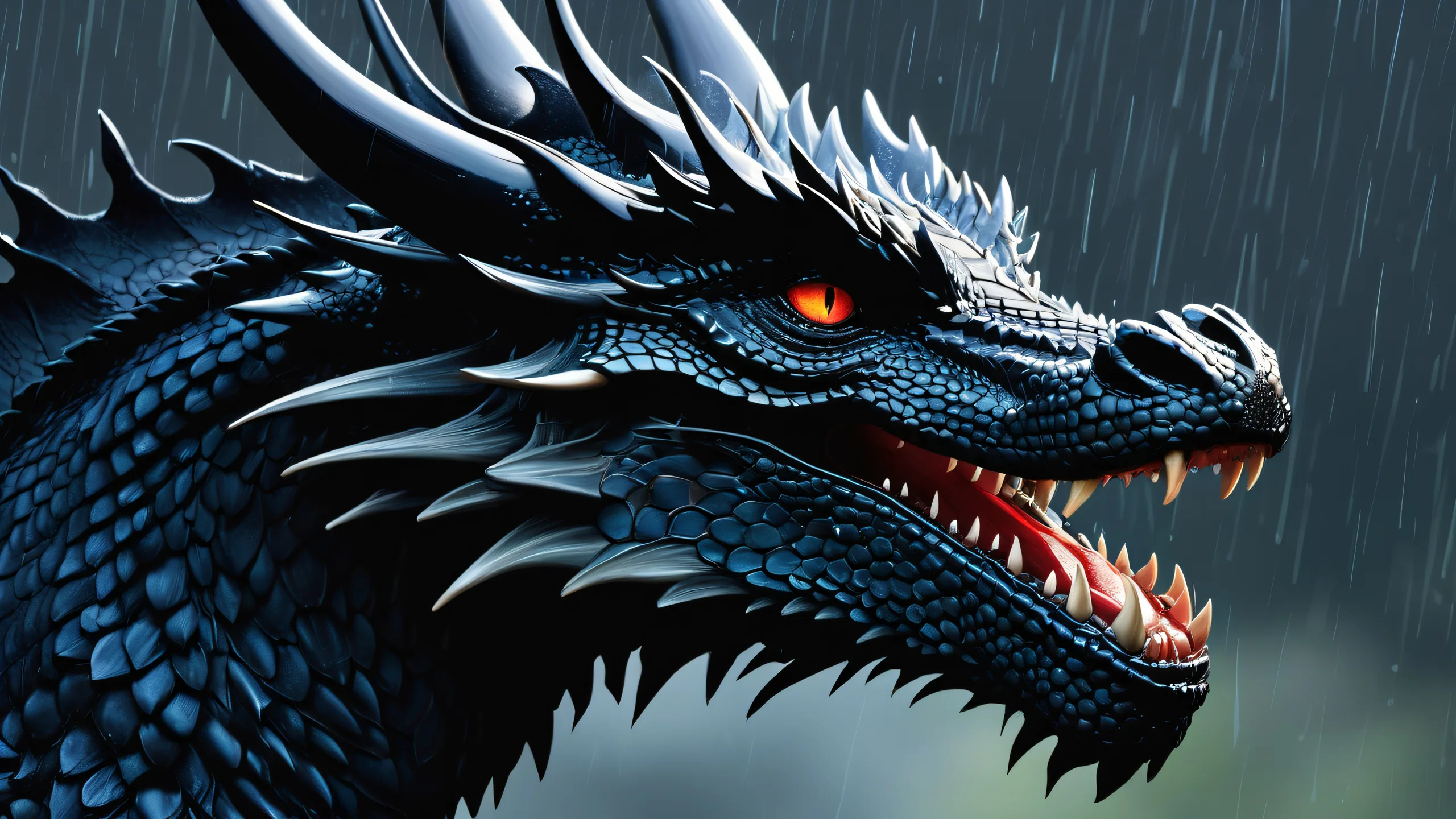 A majestic dragon silhouette against a vast, pure void with misty rain in the distance, perfect for desktop/pc screens.