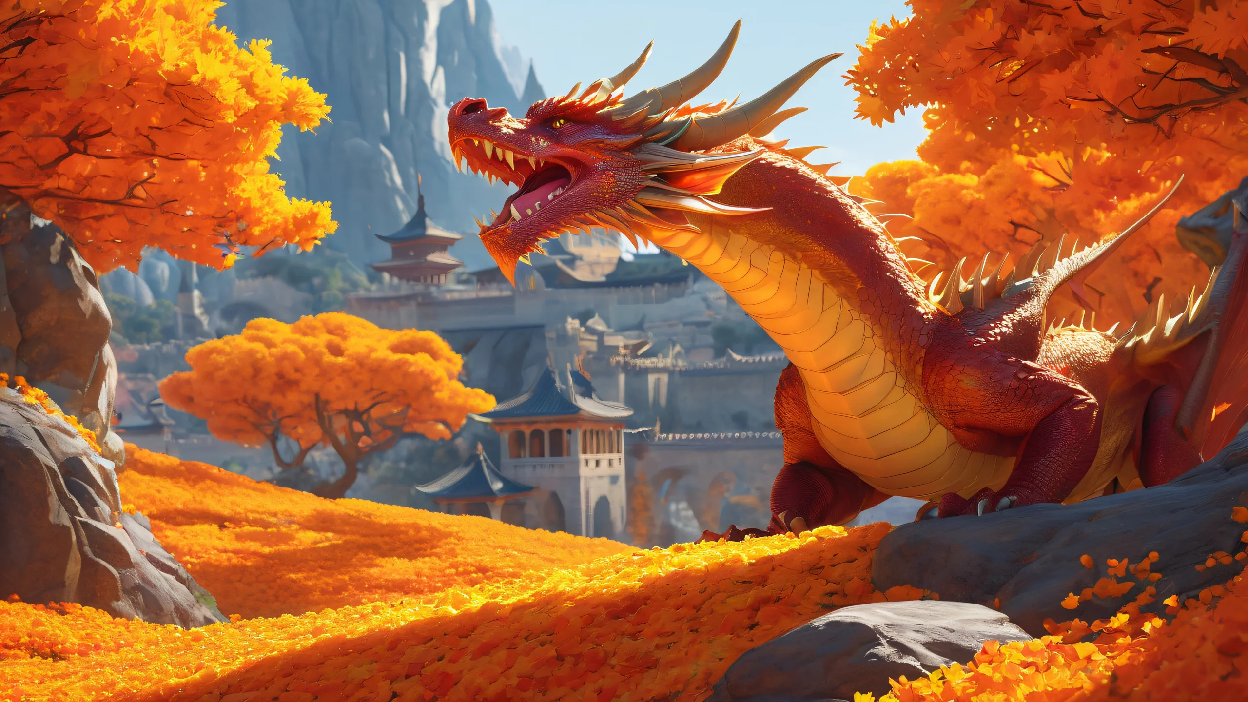 広大な大地を翔ける雄大なドラゴンllデスクトップまたは PC 上の純粋な空白と反射で A majestic dragon soaring across a vast, pristine void on a desktop or PC, with dramatic lighting and reflections.