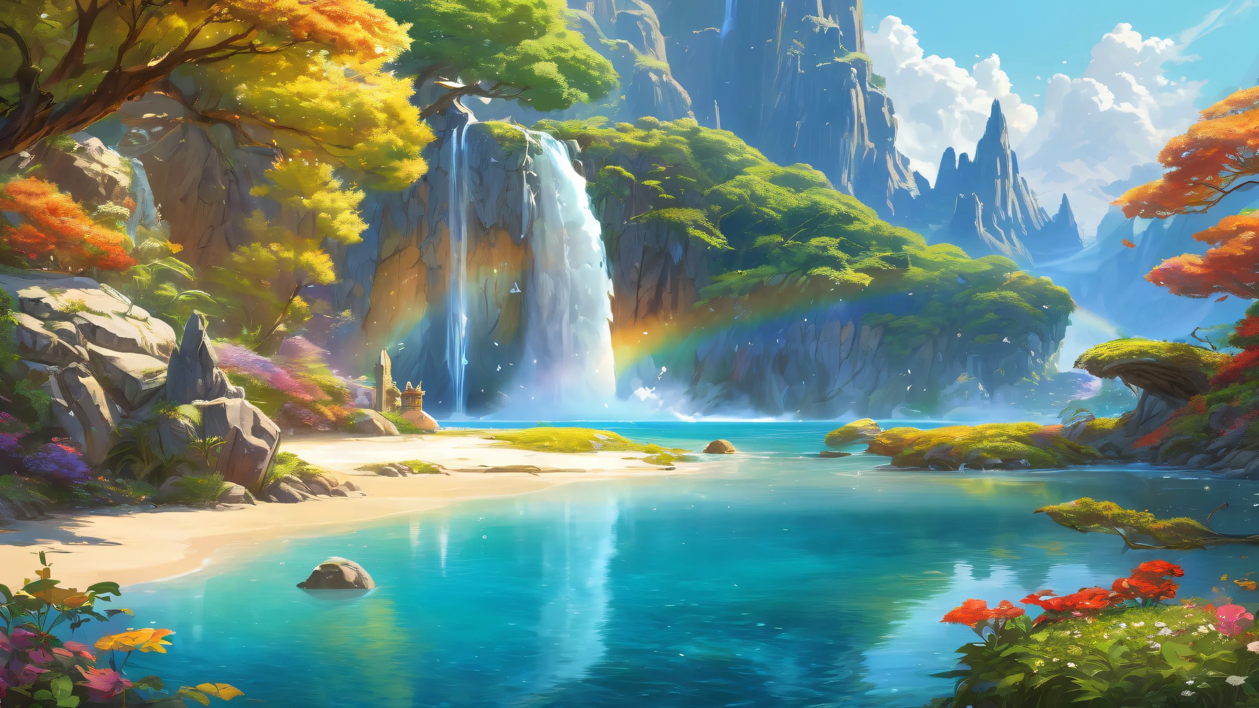 Breathtaking desktop wallpaper of a dragon in a vast, pure void with a waterfall and rainbow, perfect for a Desktop/PC background.