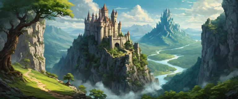 Ethereal fantasy desktop featuring a ruined mountain castle and dark forest on a pristine pure void background with radiant lighting for Desktop/PC.