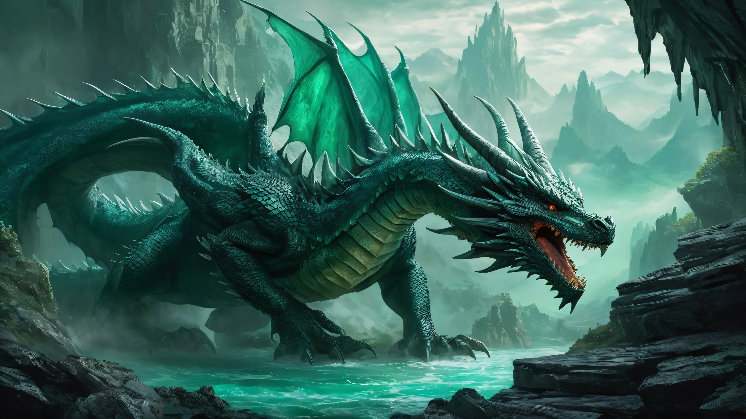 A mesmerizing desktop image of Dragon's Spine, featuring a vast pure void with swirling mist and fog-choked battlefield, suitable for Desktop/PC screens.