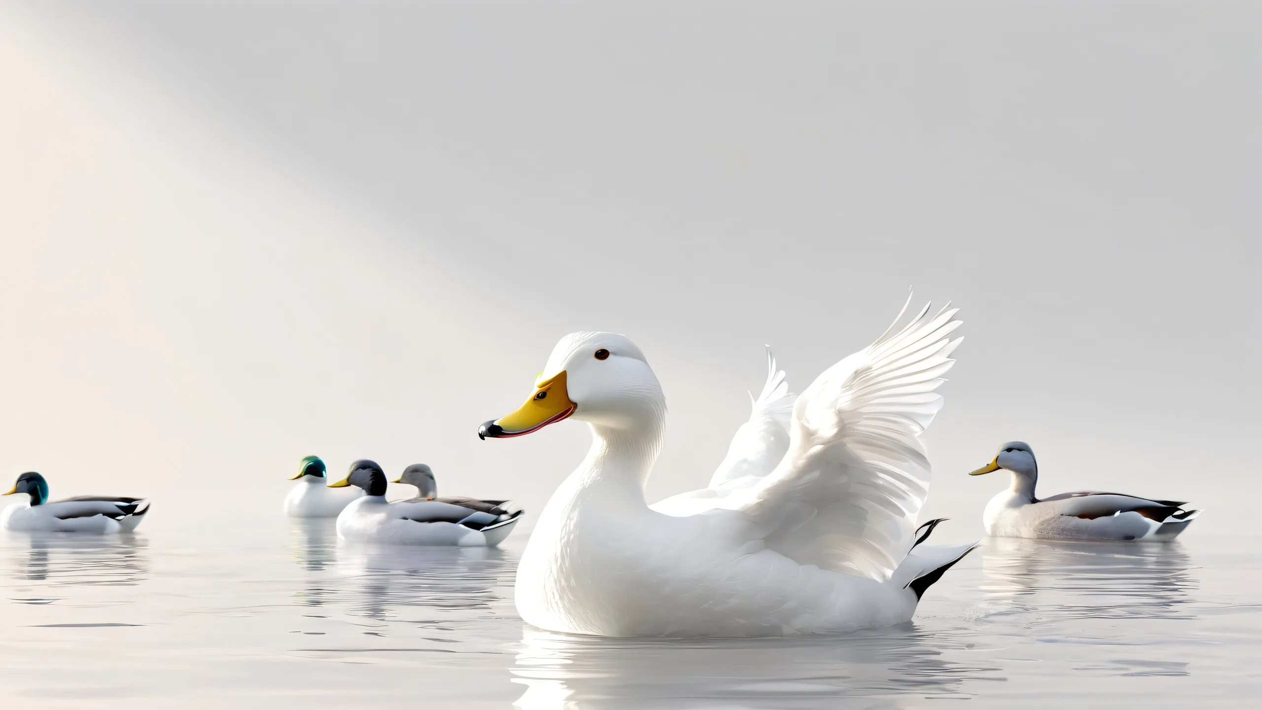 Ultra HD Ducks in Pristine Void Wallpaper Desktop/PC wallpaper featuring ducks on a pure white background with extreme depth of field and ray-traced reflections.