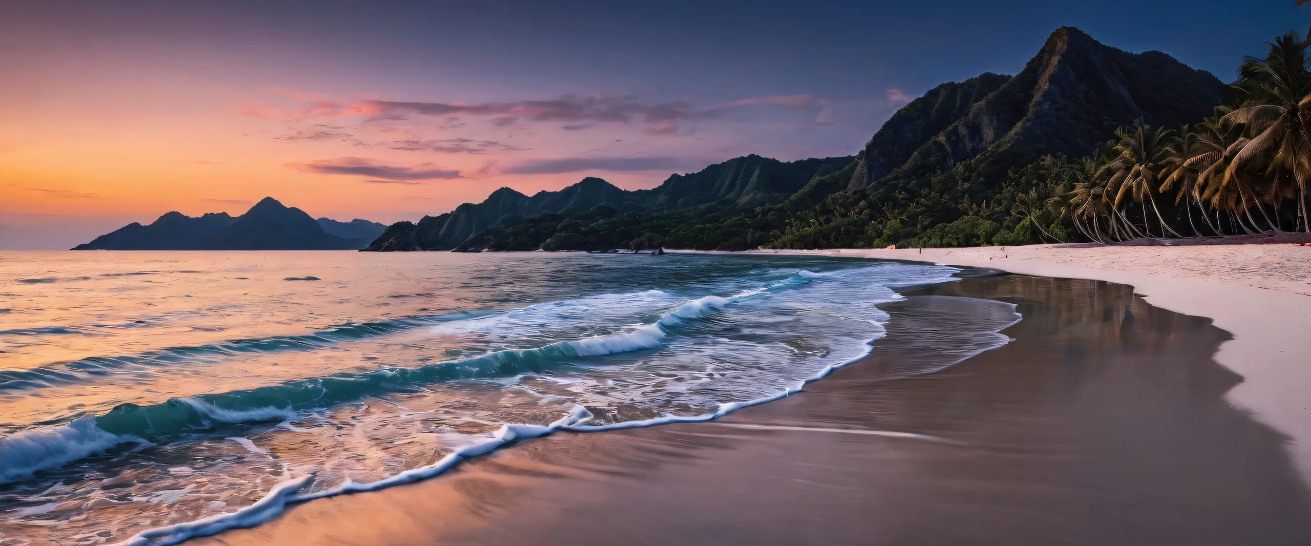 A serene and peaceful desktop wallpaper of a beach at dusk for PC or Desktop use.