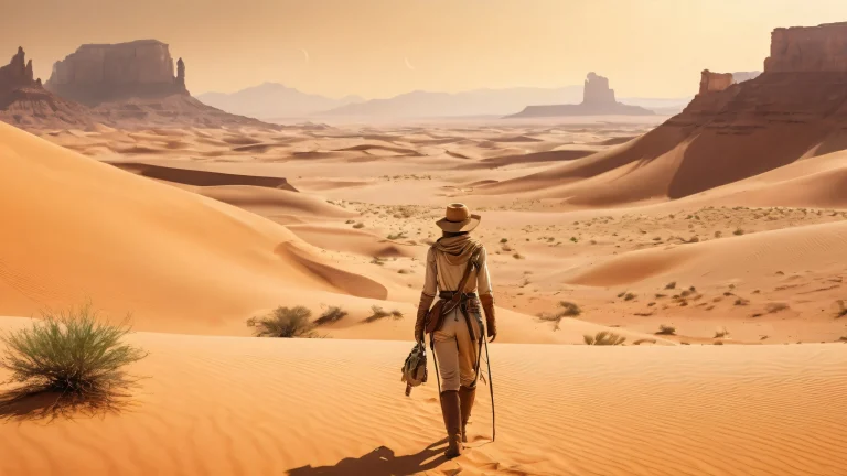 A breathtaking desktop wallpaper featuring a female explorer standing at the edge of a vast, pure void in a dusty desert landscape with an extreme depth of field, デスクトップ/PCに最適.