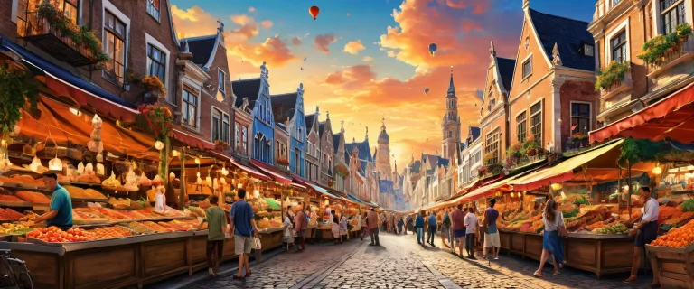 A whimsical desktop wallpaper featuring a vibrant Dutch street market scene with felines, perfect for your PC or laptop Desktop.