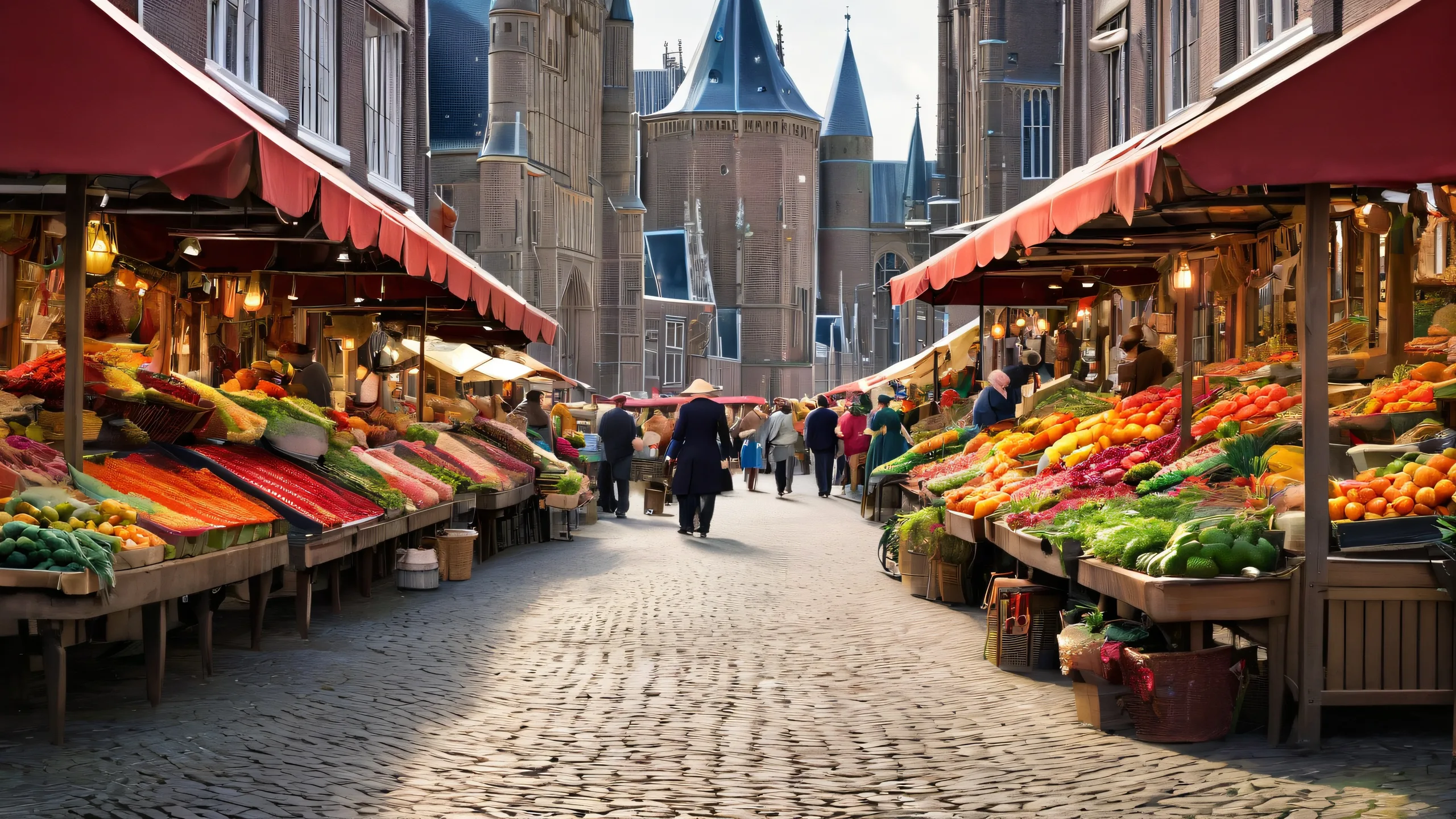 Dutch Market Elegance Unfolds Aesthetic PC Wallpaper Beautifully rendered desktop scene of a Dutch market on a pristine background for PC or Desktop use.