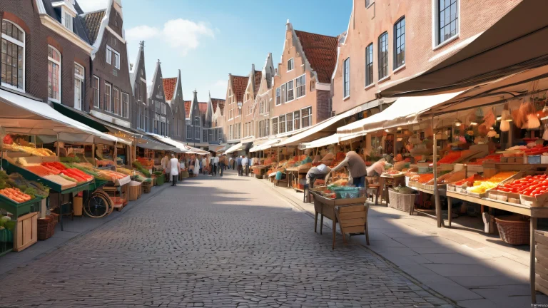 A vibrant Dutch street market scene for your Desktop/PC with stunning textures and warm lighting.