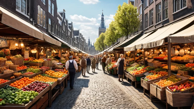 Vibrant Dutch street market scene on a pristine desktop/PC background for screen readers.