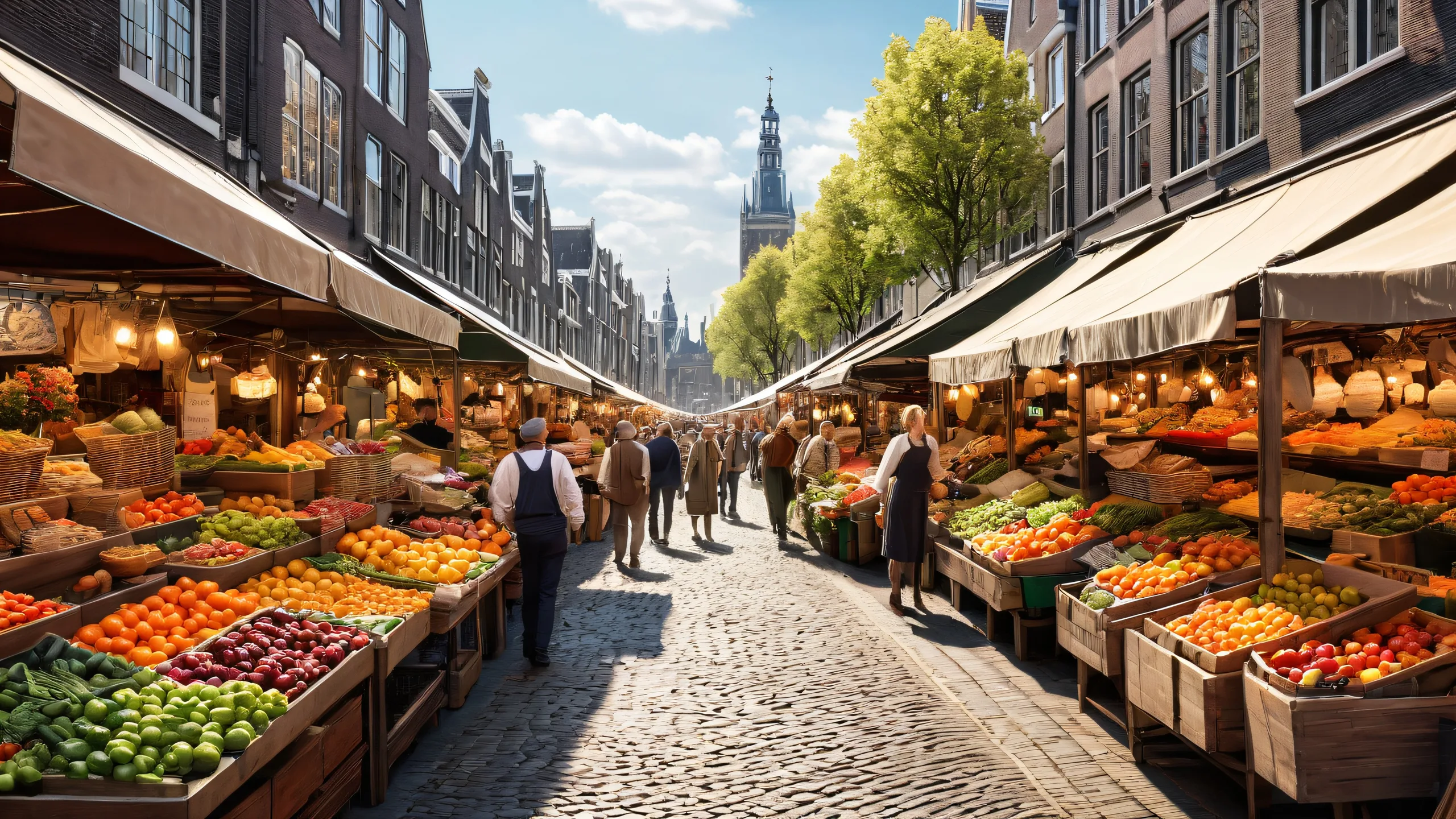 Vibrant Dutch street market scene on a pristine desktop/PC background for screen readers.
