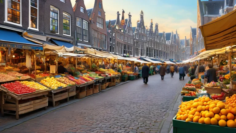 A stunning desktop wallpaper of a Dutch street market scene in the distance, set against a pristine void, perfect for your desktop/PC.