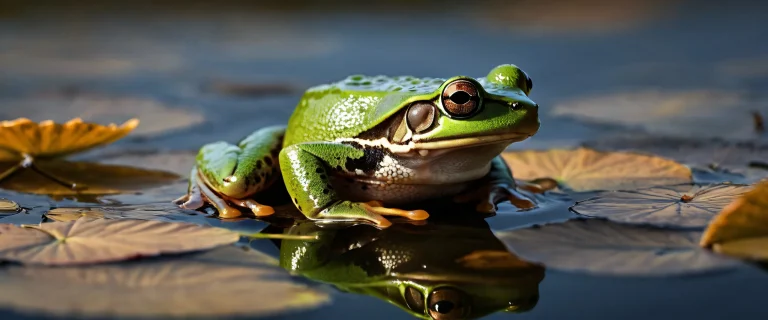 A stunning desktop wallpaper featuring a serene frog in a vast pure void with calm water and soft reflections, perfeito para seu PC ou Desktop.