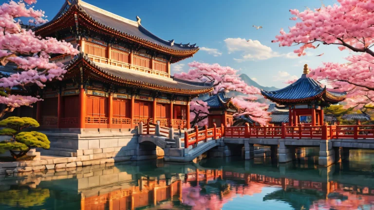 East Asian architecture desktop background featuring intricate details and radiant colors on a pristine void for your PC or Desktop