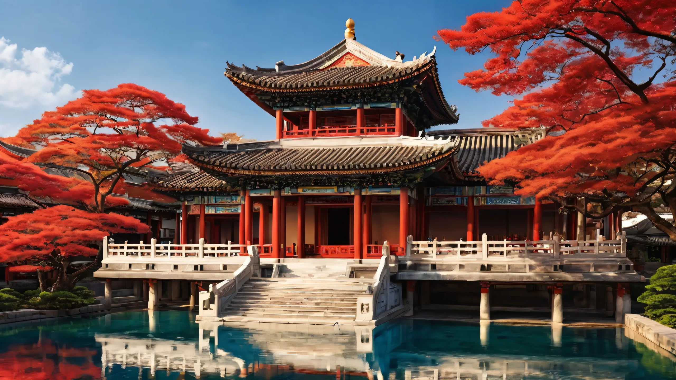 Ethereal desktop scene featuring East Asian architecture on a pure void background for Desktop/PC use.