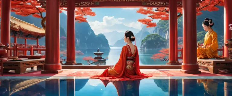 A stunning desktop wallpaper of women sitting in a vast pure void with dominant Traditional Asian colors and award-winning digital art for PC or Desktop use.