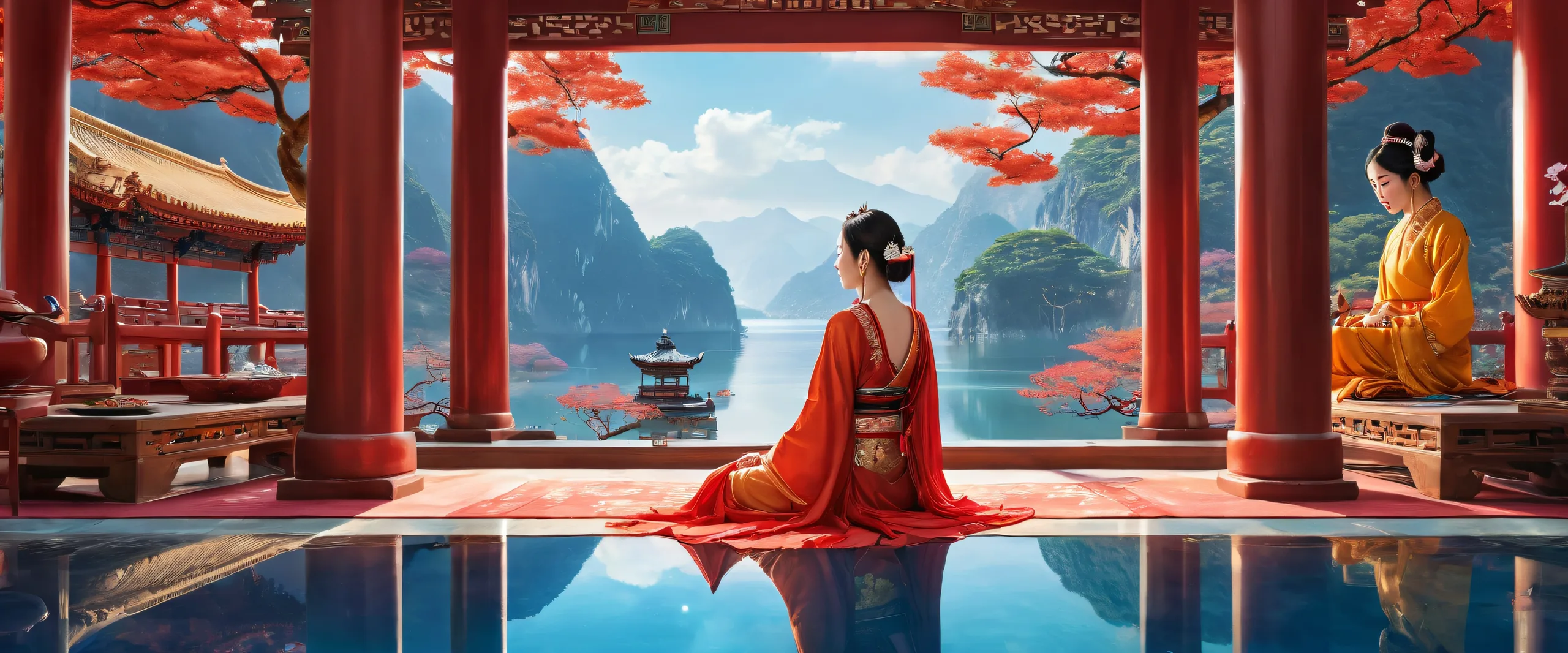 A stunning desktop wallpaper of women sitting in a vast pure void with dominant Traditional Asian colors and award-winning digital art for PC or Desktop use.