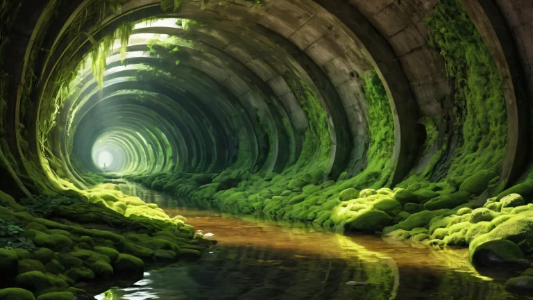A serene desktop scene featuring a massive concrete sewer tunnel with moss-covered walls, perfect for your Desktop/PC.
