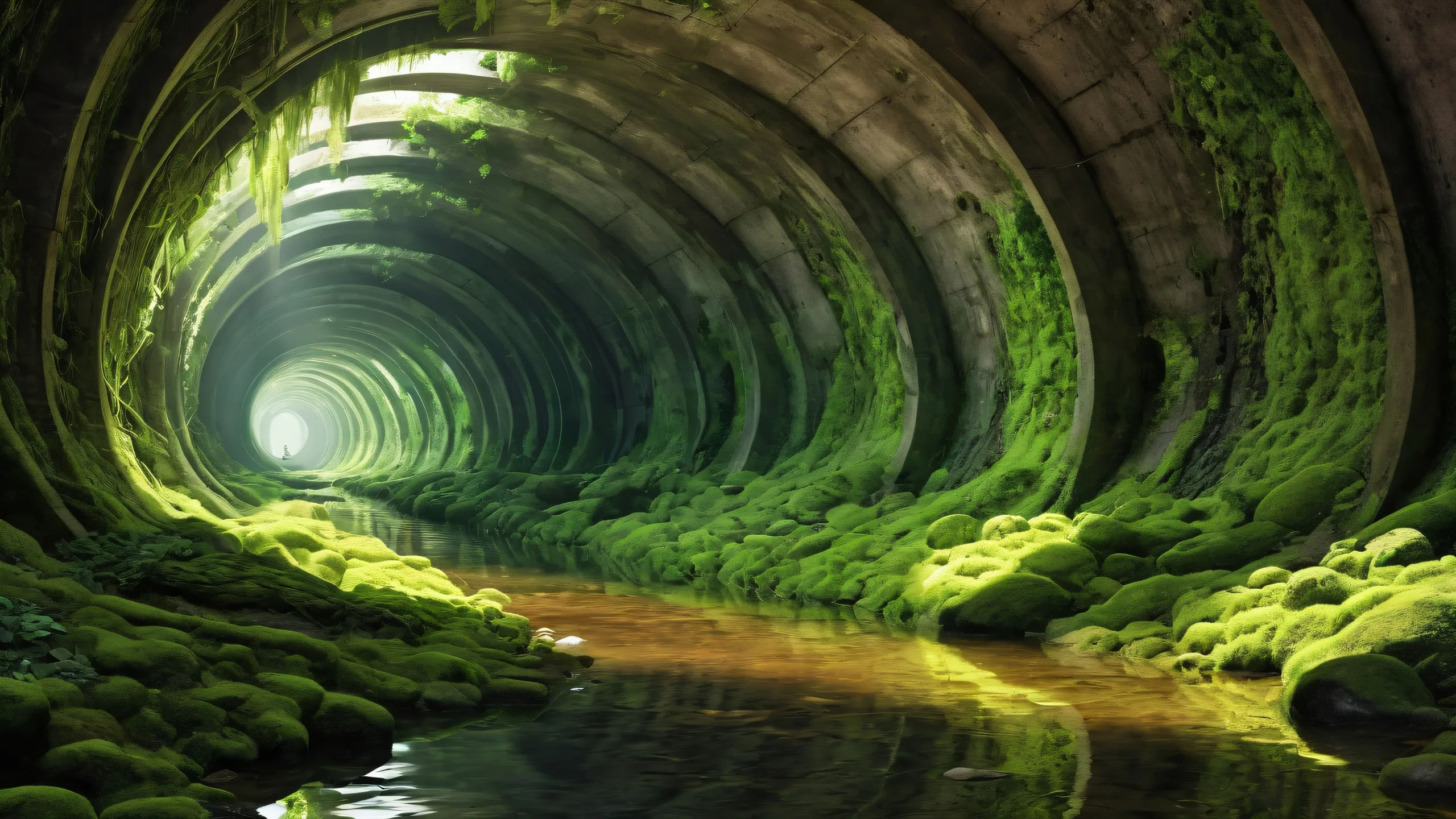 A serene desktop scene featuring a massive concrete sewer tunnel with moss-covered walls, perfect for your Desktop/PC.