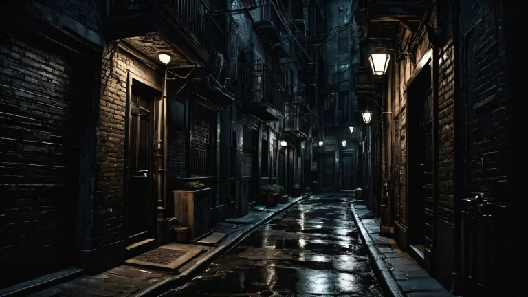 Dark alleys and eerie shadows for Desktop/PC wallpapers, perfect composition and intricate details.