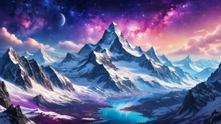 A breathtaking desktop wallpaper of the starry galaxy from Skyrim, featuring snow-covered mountains in the distance, perfeito para seu desktop/PC.