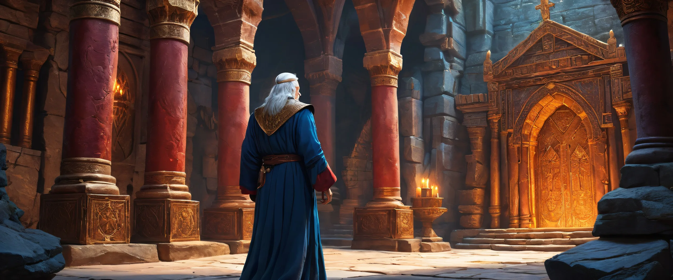 A majestic elderly mage standing before an ancient dungeon, set against a vast, pure void. Suitable for desktops/PCs.