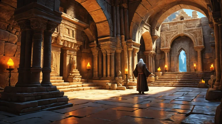 A majestic Elderly Mage stands amidst an ancient dungeon's vast pure void, perfectly clean and radiant with ethereal lighting.