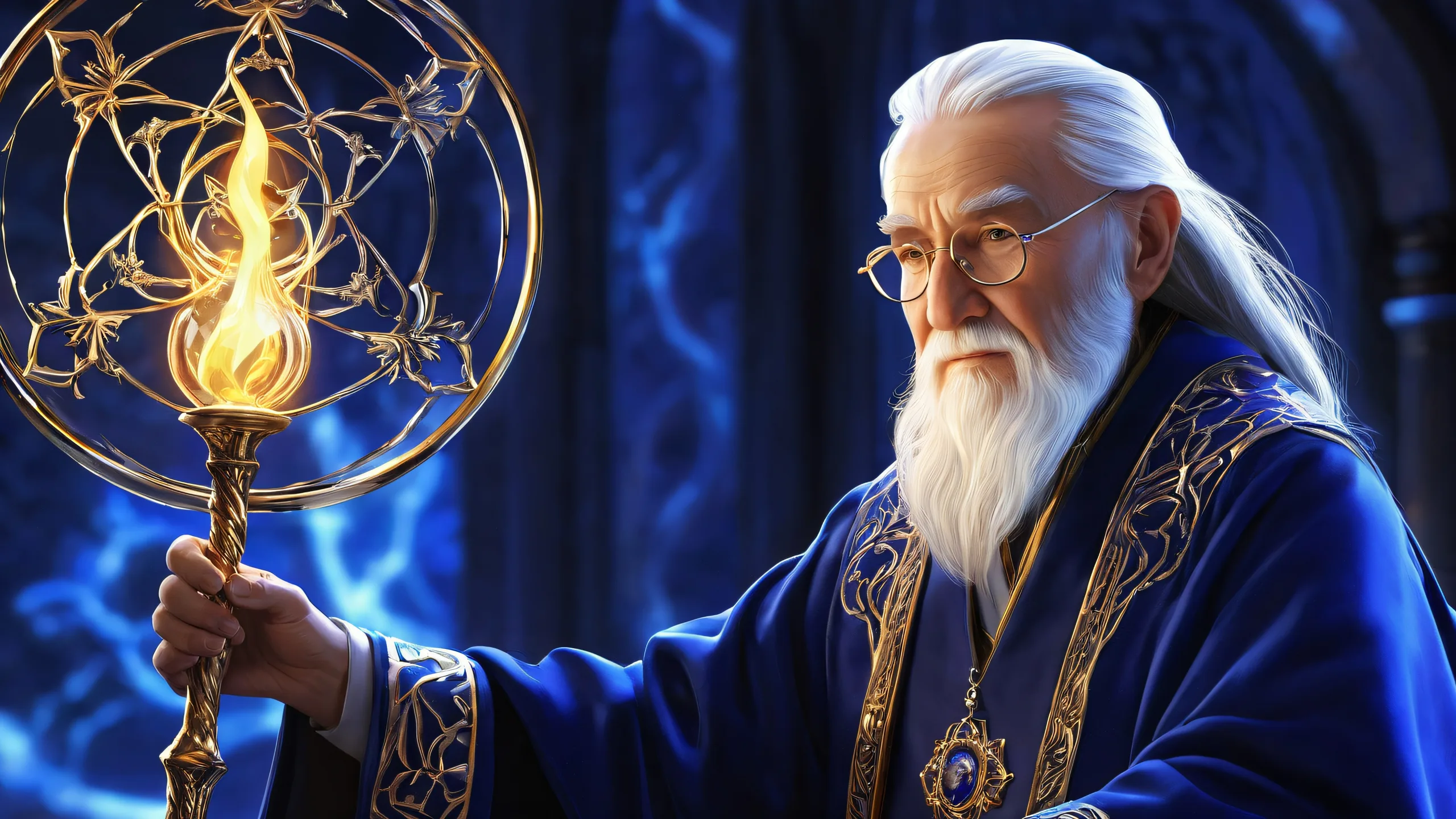 A serene and enchanting desktop wallpaper of an elderly mage standing in a vast, pure void with extreme depth of field, featuring ethereal lighting and magical energy glows. Suitable for Desktop/PC.