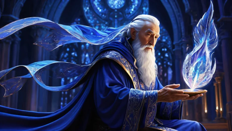 A desktop/PC wallpaper featuring an elderly mage standing amidst a vast, pure void with extreme depth of field and ethereal lighting.