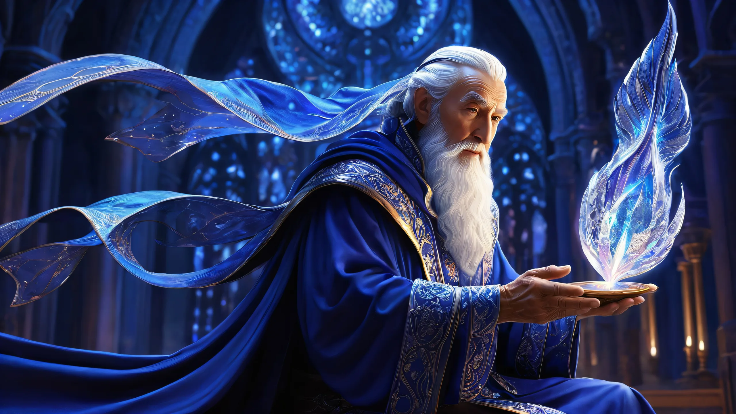 A desktop/PC wallpaper featuring an elderly mage standing amidst a vast, pure void with extreme depth of field and ethereal lighting.