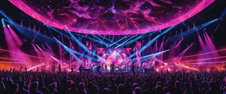 A group of people enjoying a live music performance under the spotlights on a perfectly clean and vast pure void background with neon accents, ideal for use as a desktop wallpaper on a PC or Desktop.