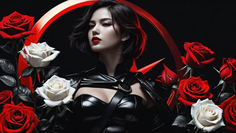 Girl amidst a vast void with blood-stained white roses and hammer and sickle on a desktop or PC.