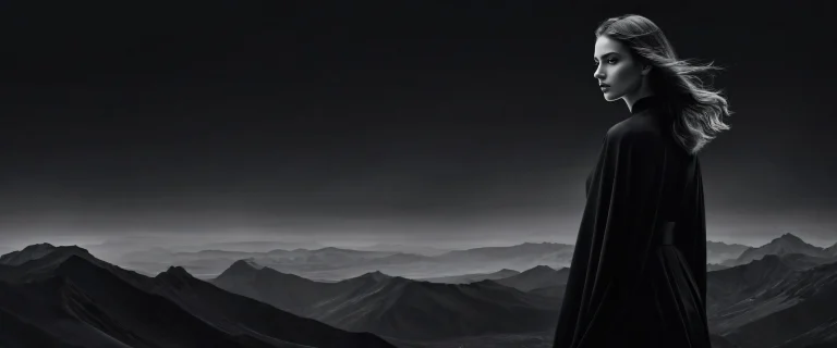 A stunning fantasy desktop image of a woman against a deep black backdrop on a Desktop/PC.