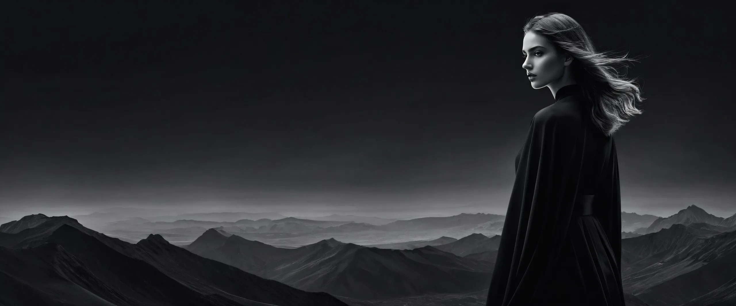 A stunning fantasy desktop image of a woman against a deep black backdrop on a Desktop/PC.