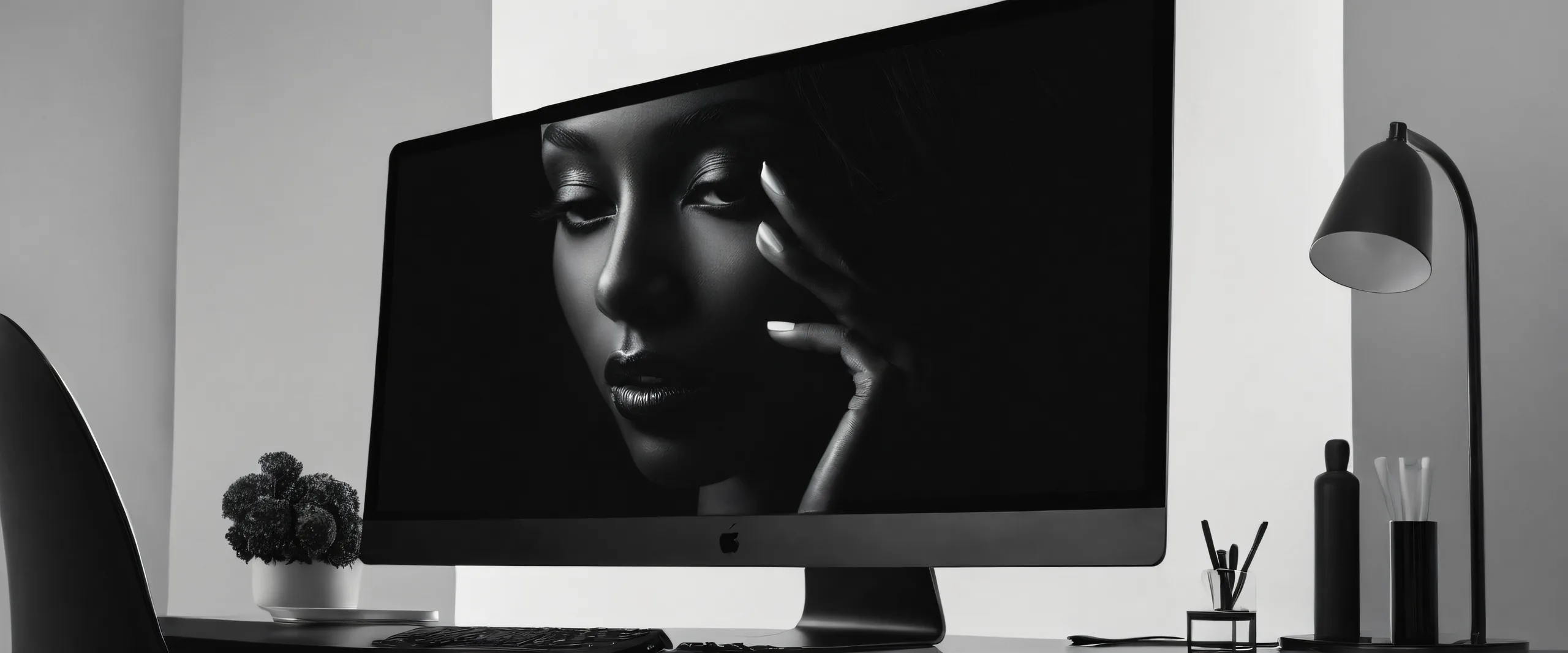 Woman surrounded by vast pure void on a dark mode desktop for PC or Mac.