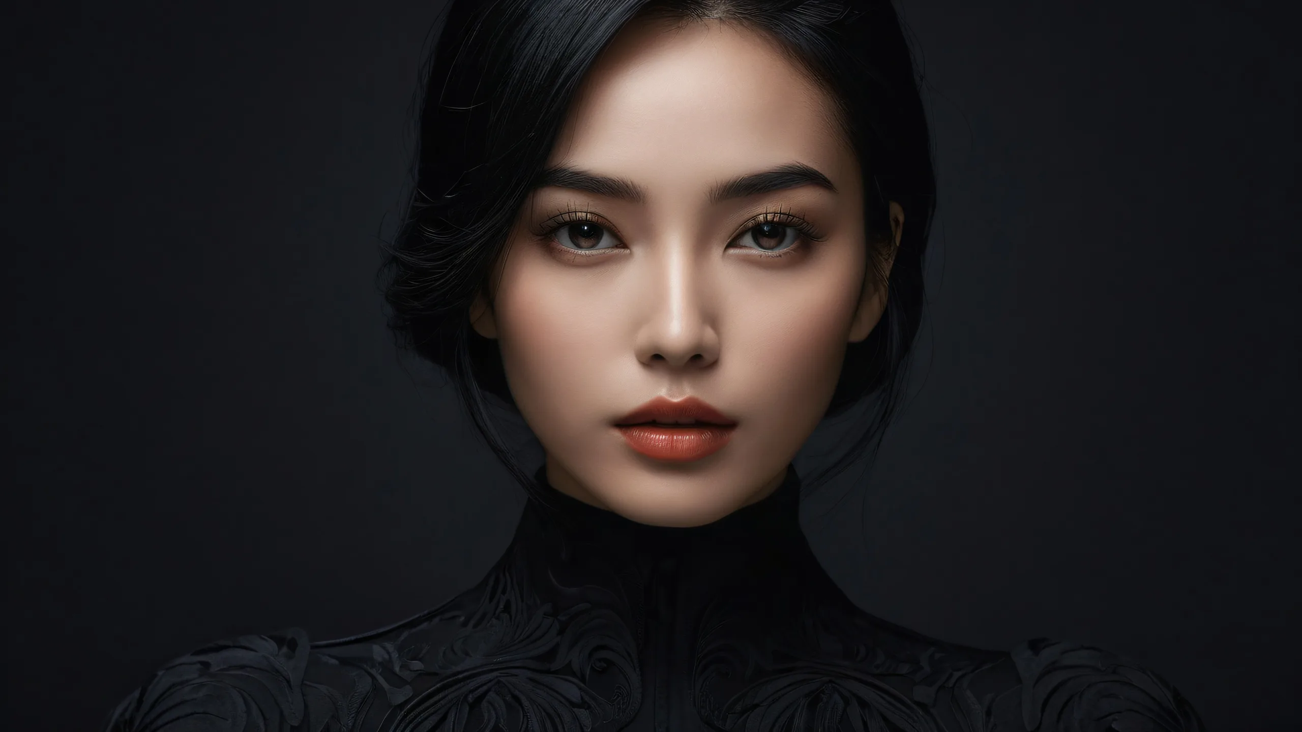 A breathtaking portrait of a woman set against a vast, pure void on a desktop or PC, with extreme depth of field and award-winning digital art.