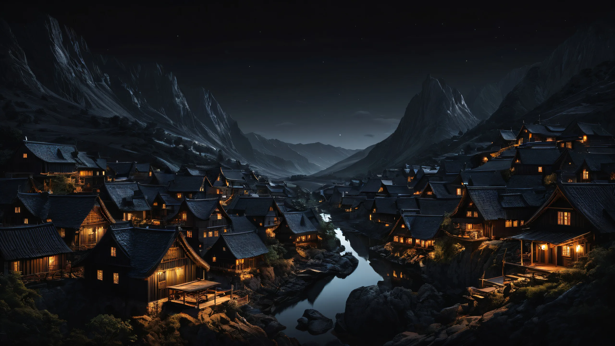 A serene and breathtaking desktop wallpaper of a village at dusk, perfect for your PC or Desktop, with stunning visual impact and attention to detail.