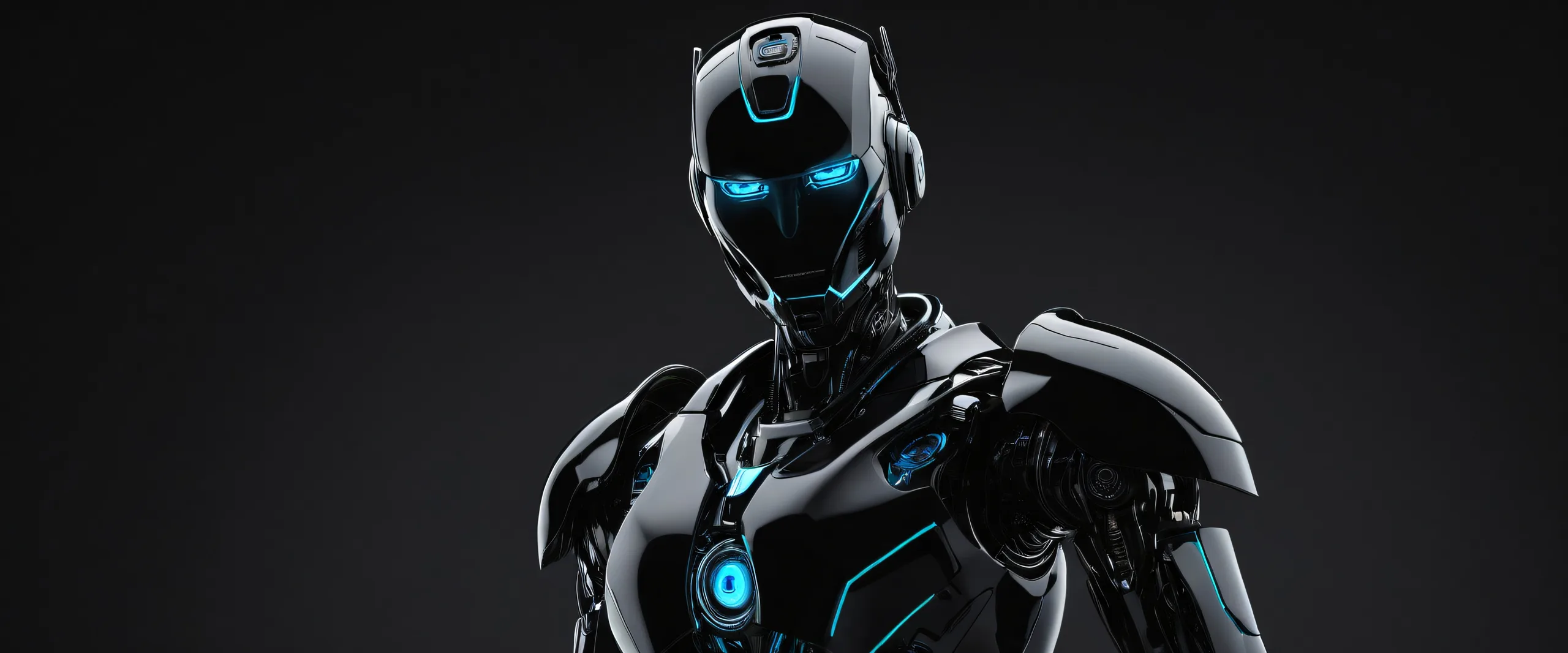 Humanoid robot standing in a vast pure void with deep depth of field and subtle circuitry details, perfect for desktop/pc use.