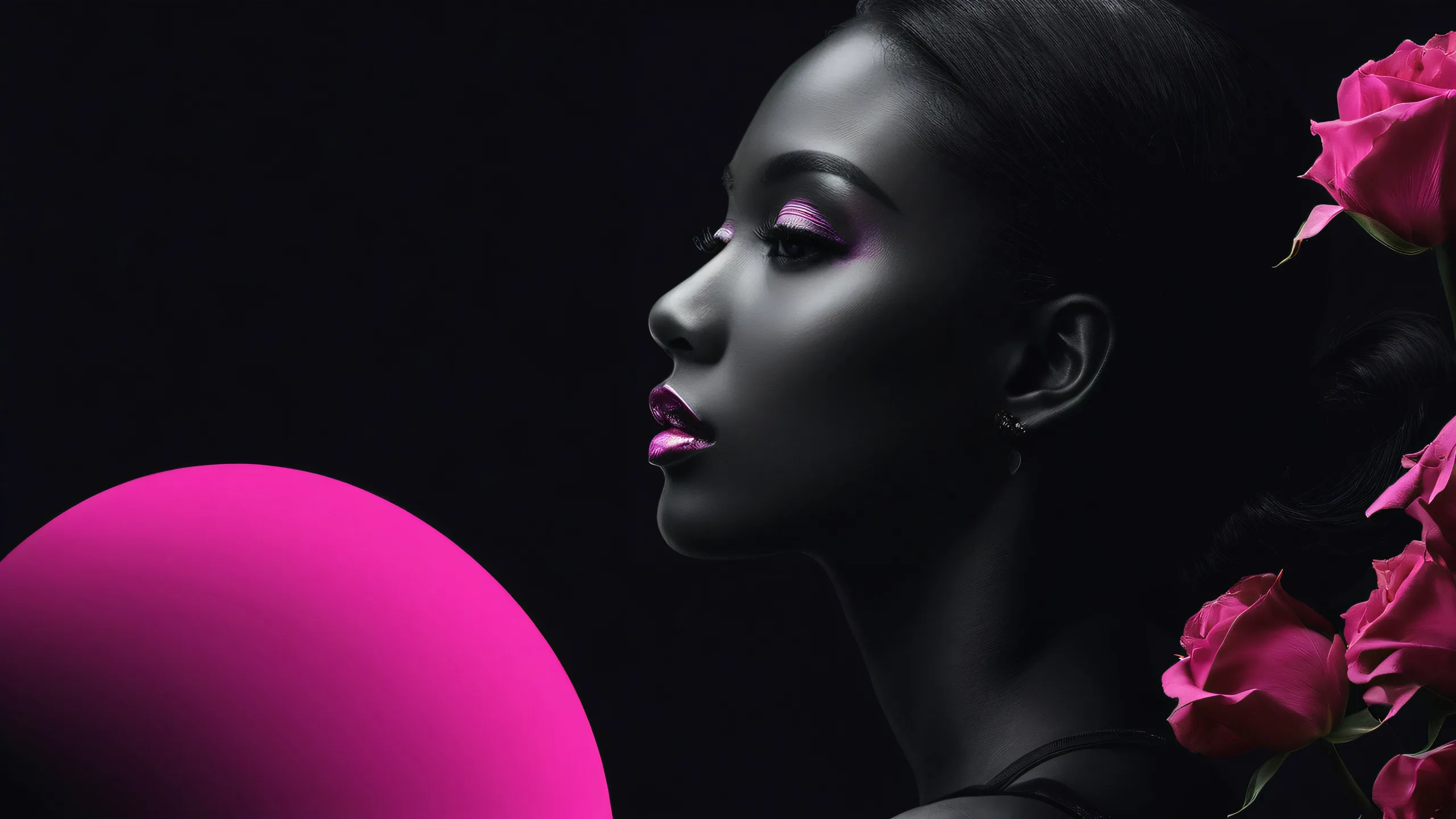 Stunning dark mode desktop wallpaper featuring a woman amidst a vast pure void, suitable for Desktop/PC screens.