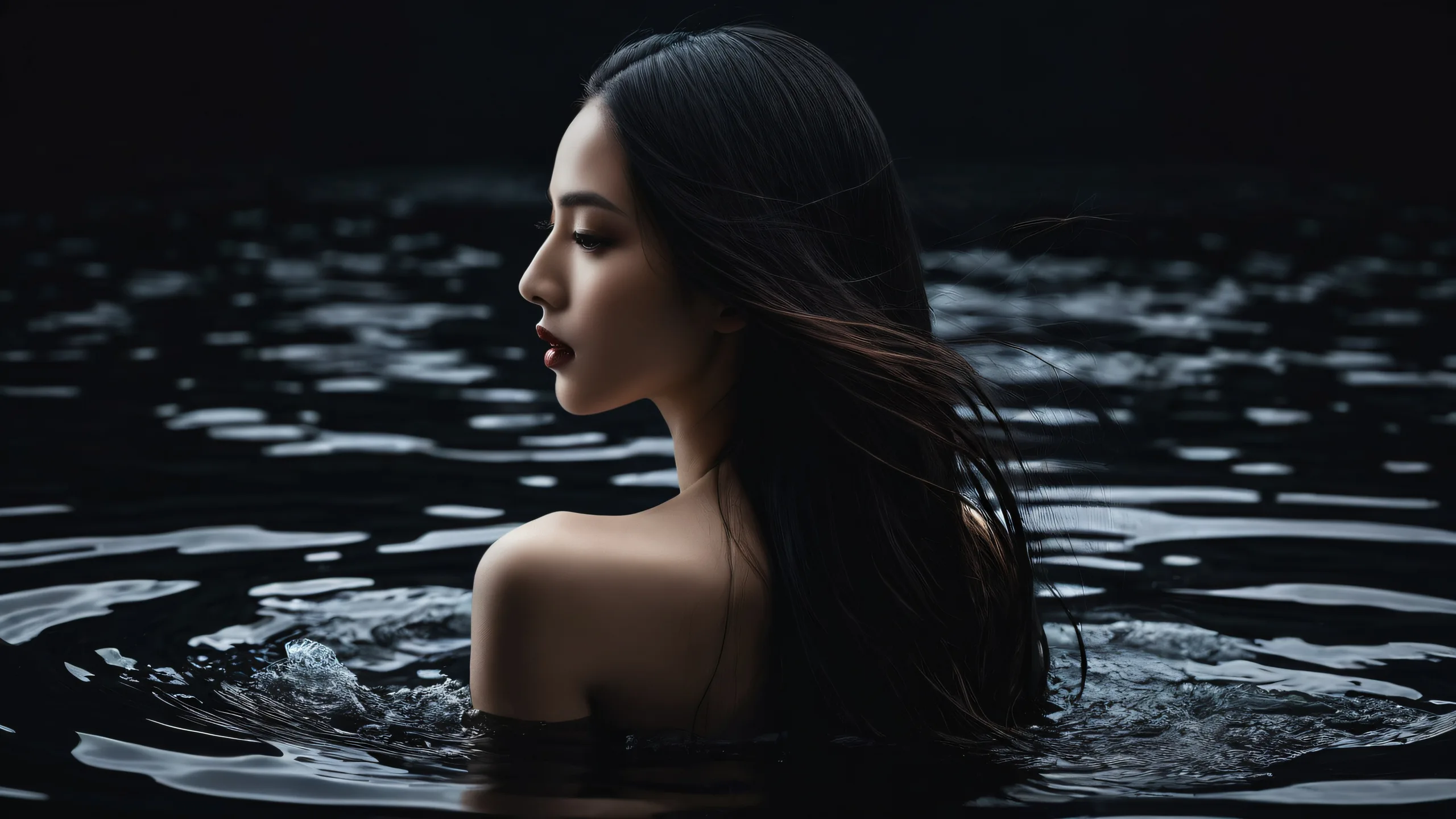 Beautiful digital art depicting women with long hair in a vast, dark void on a desktop/PC background.