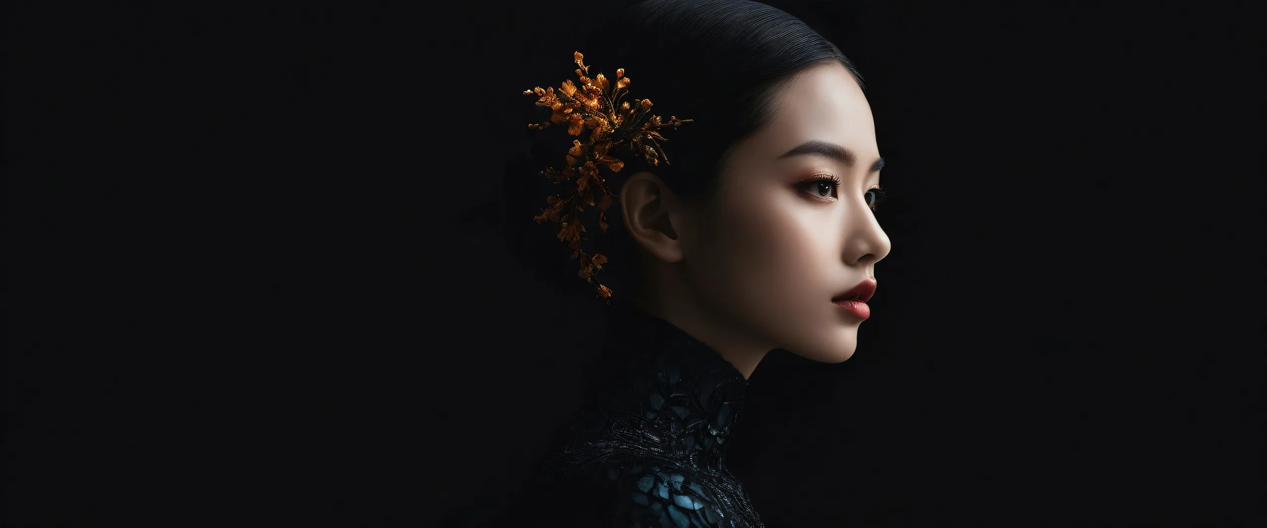 Girl surrounded by a deep, pure void on a dark mode desktop/PC background, perfect for screen readers.