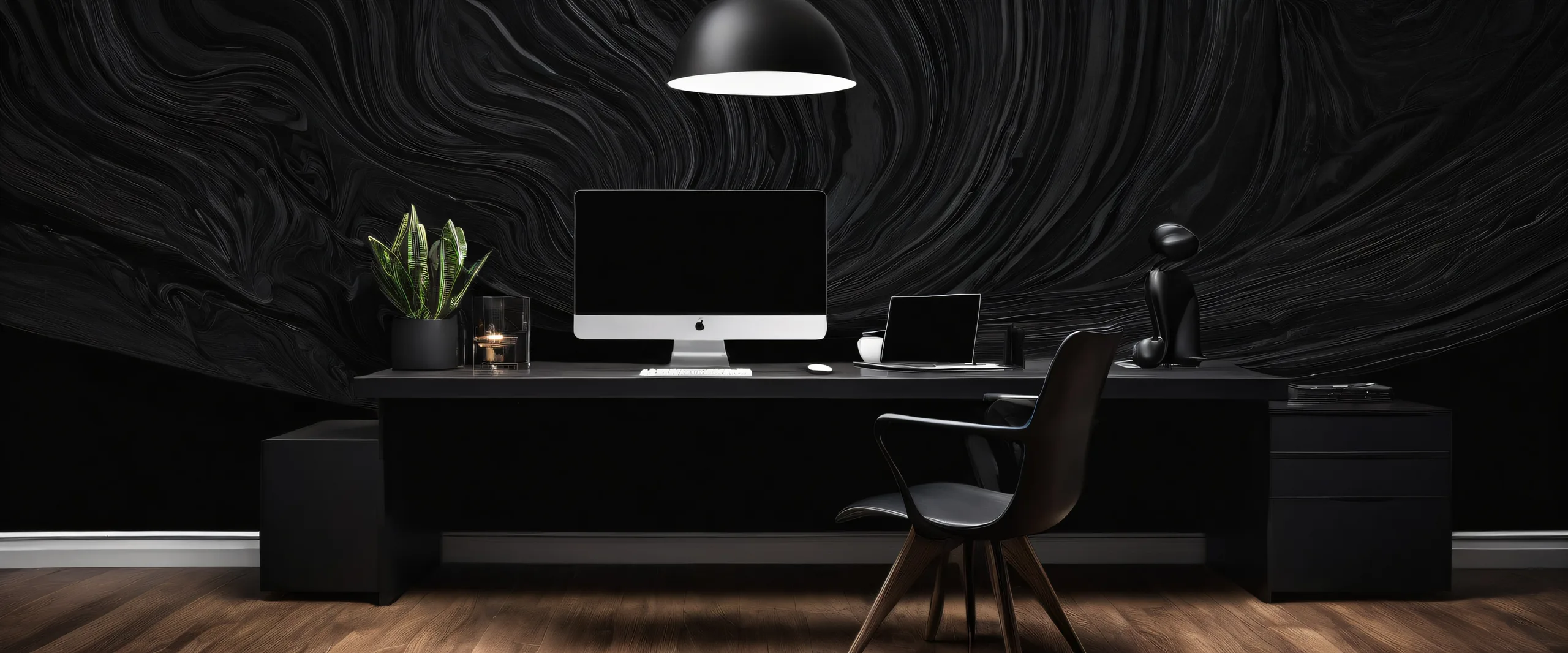 A stunning dark mode desktop wallpaper featuring a woman in a vast, pure void with extreme depth of field and elegant luminescent accents for Desktop/PC.