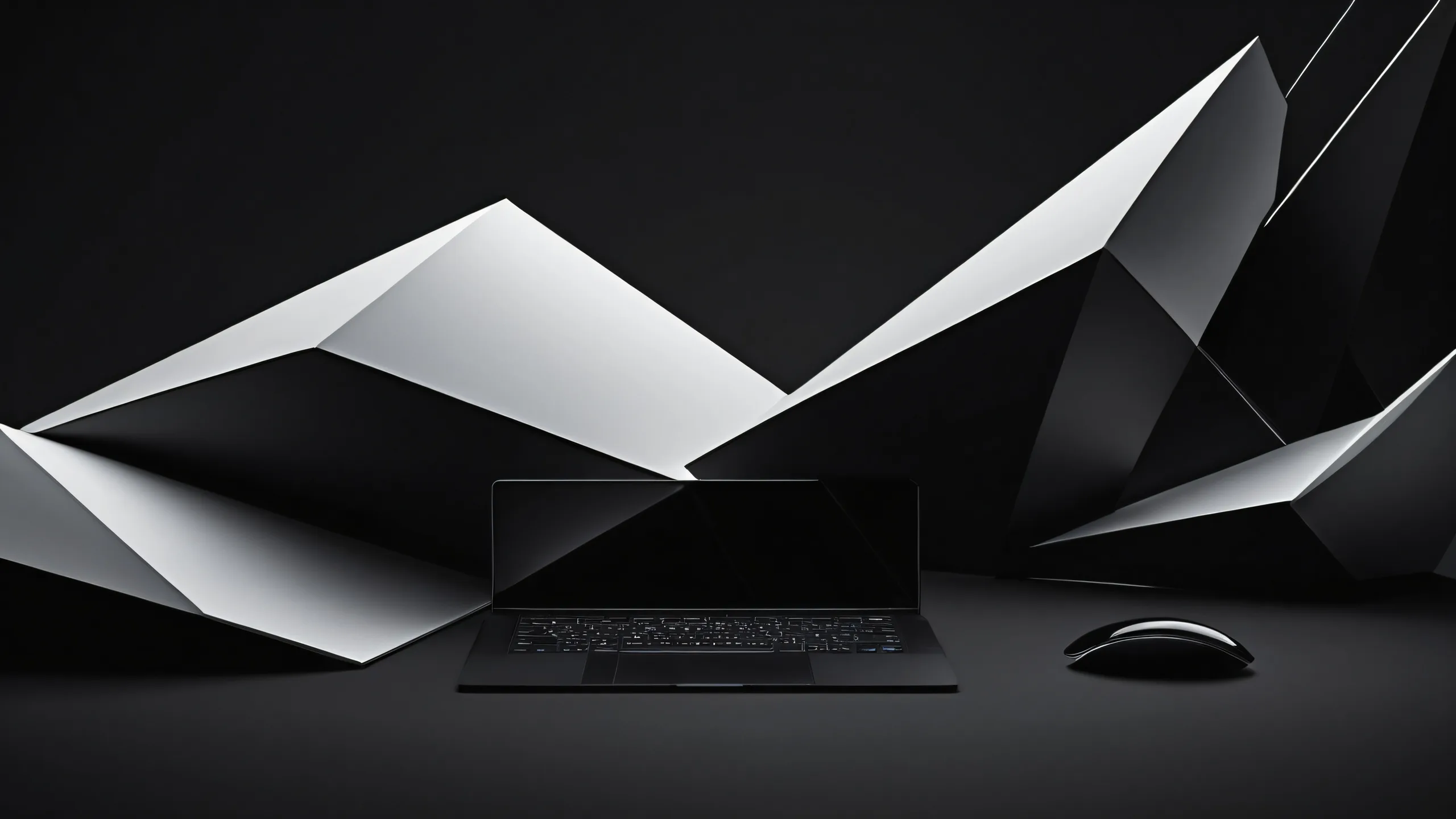 A sleek dark mode desktop wallpaper featuring a vast pure void on a Mac computer.