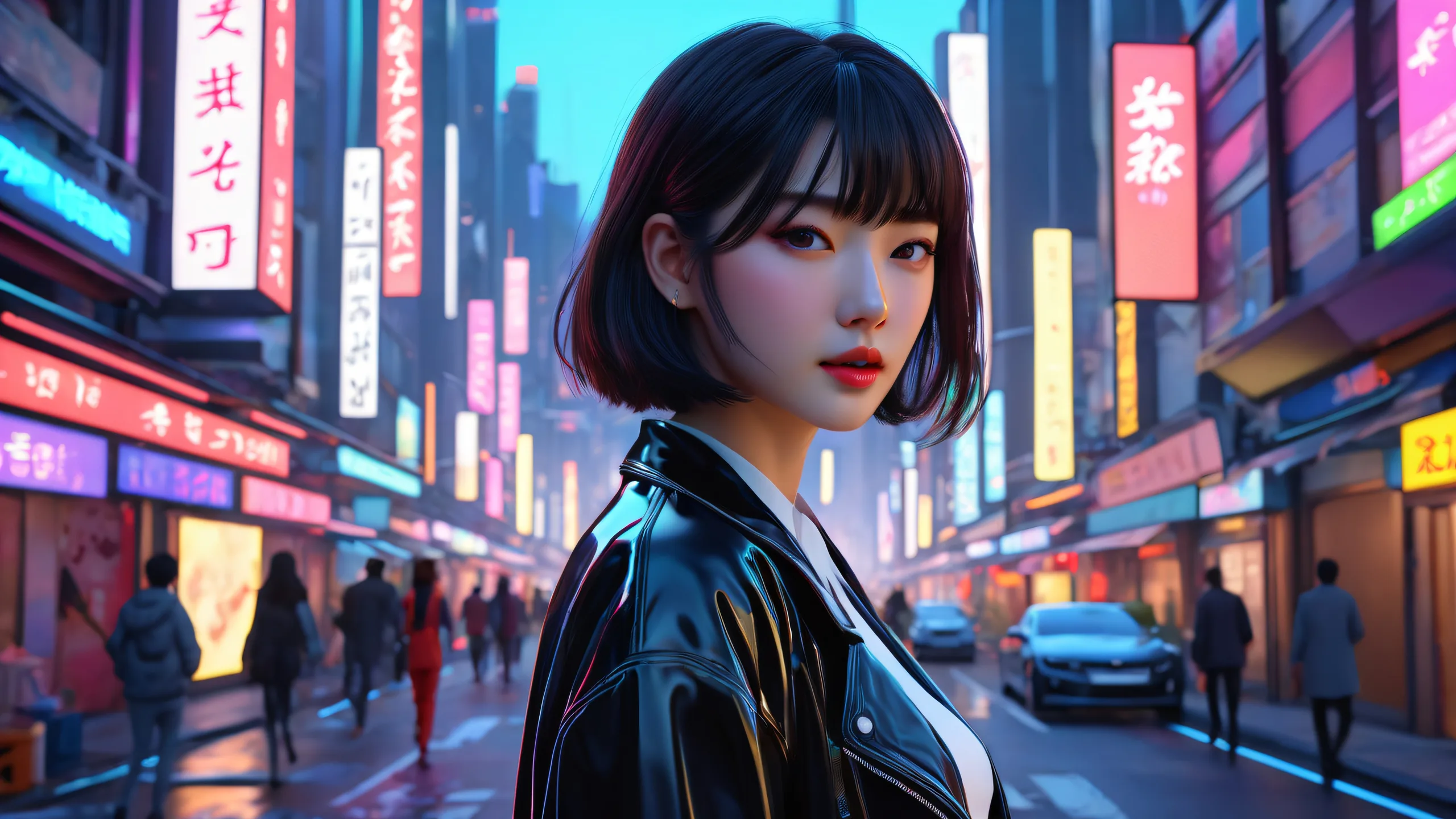 Stunning AI girlfriend desktop wallpaper on a vibrant city street at night, with a confident expression and flowing outfit.