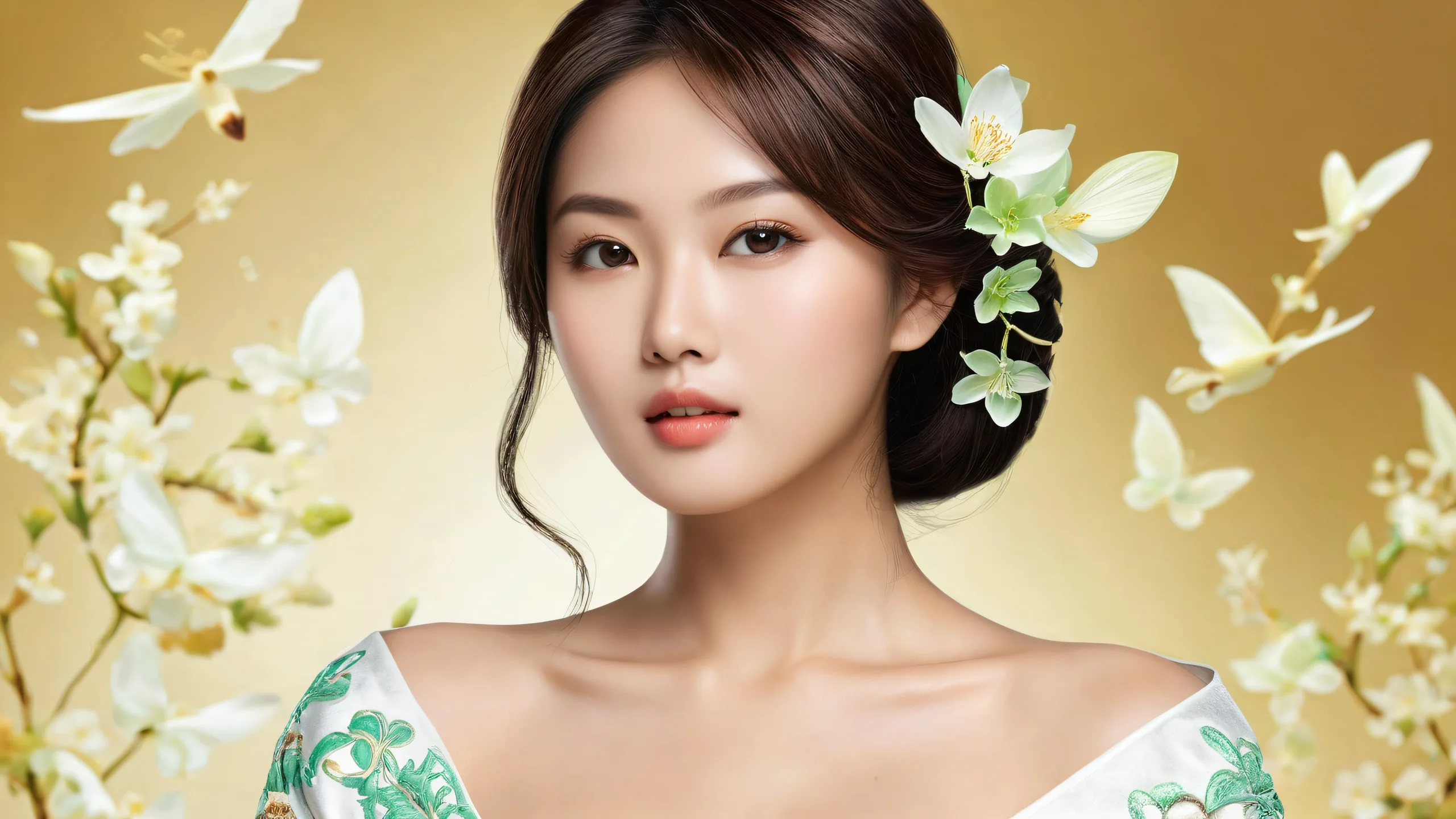 A stunning Asian brunette model adorns a pristine pure void background on your Desktop/PC, with extreme depth of field and striking contrast.