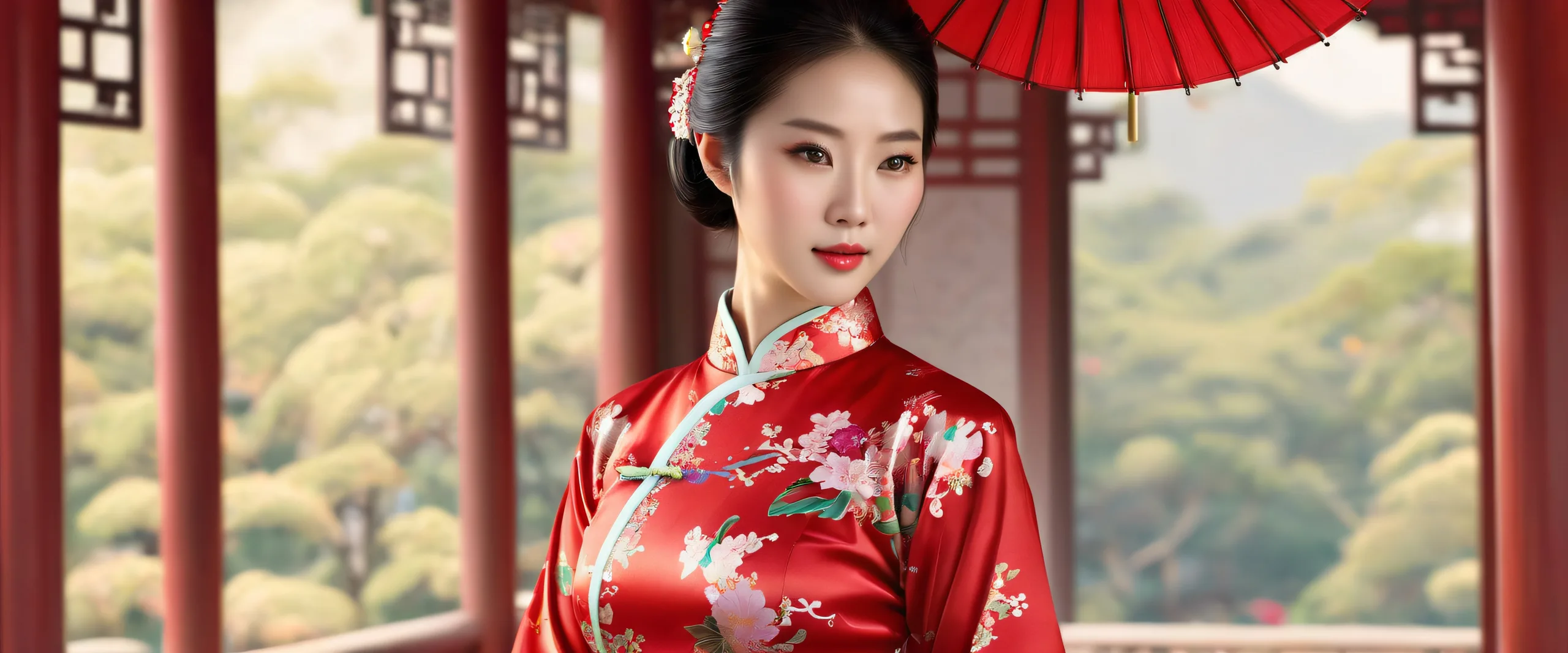 Stunning Elegant Asian Women in Ethereal Glow Wallpaper A group of Asian women wearing cheongsam dresses against a pure void background, with subtle ambient glow and extreme depth of field. Suitable for desktop/PC use.