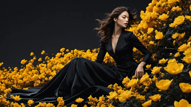 A beautiful desktop wallpaper featuring a woman amidst a vast, pure void with clear sky and wind blowing through flowers, perfect for your PC or Desktop.